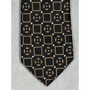 Ike Behar New York Men Silk Necktie Black Gold Geometric Medallion Hand Tailored